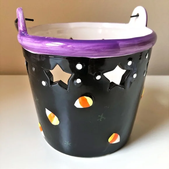 Ceramic Halloween Bucket Candle or Candy Holder Handle Open Stars Hand Painted - Picture 7 of 10